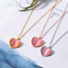 Cat's Eye Stone Necklace - Heart Design with Charm